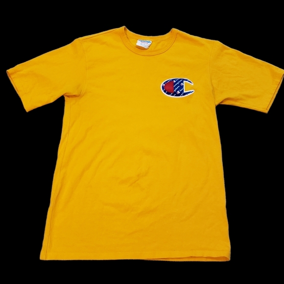 Vintage Champion Stitched Logo T Shirt Mens M Yellow Crew Neck - Picture 7 of 7
